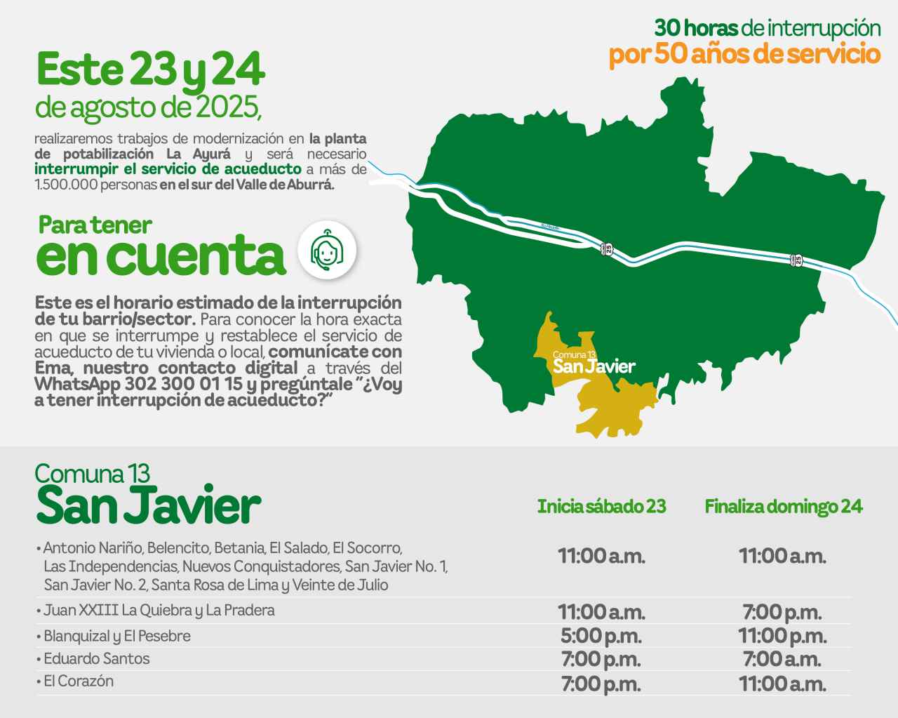  Aviso de EPM sobre la interrupción del servicio de acueducto por 30 horas para trabajos de modernización en la Comuna 13 San Javier del Valle de Aburrá.