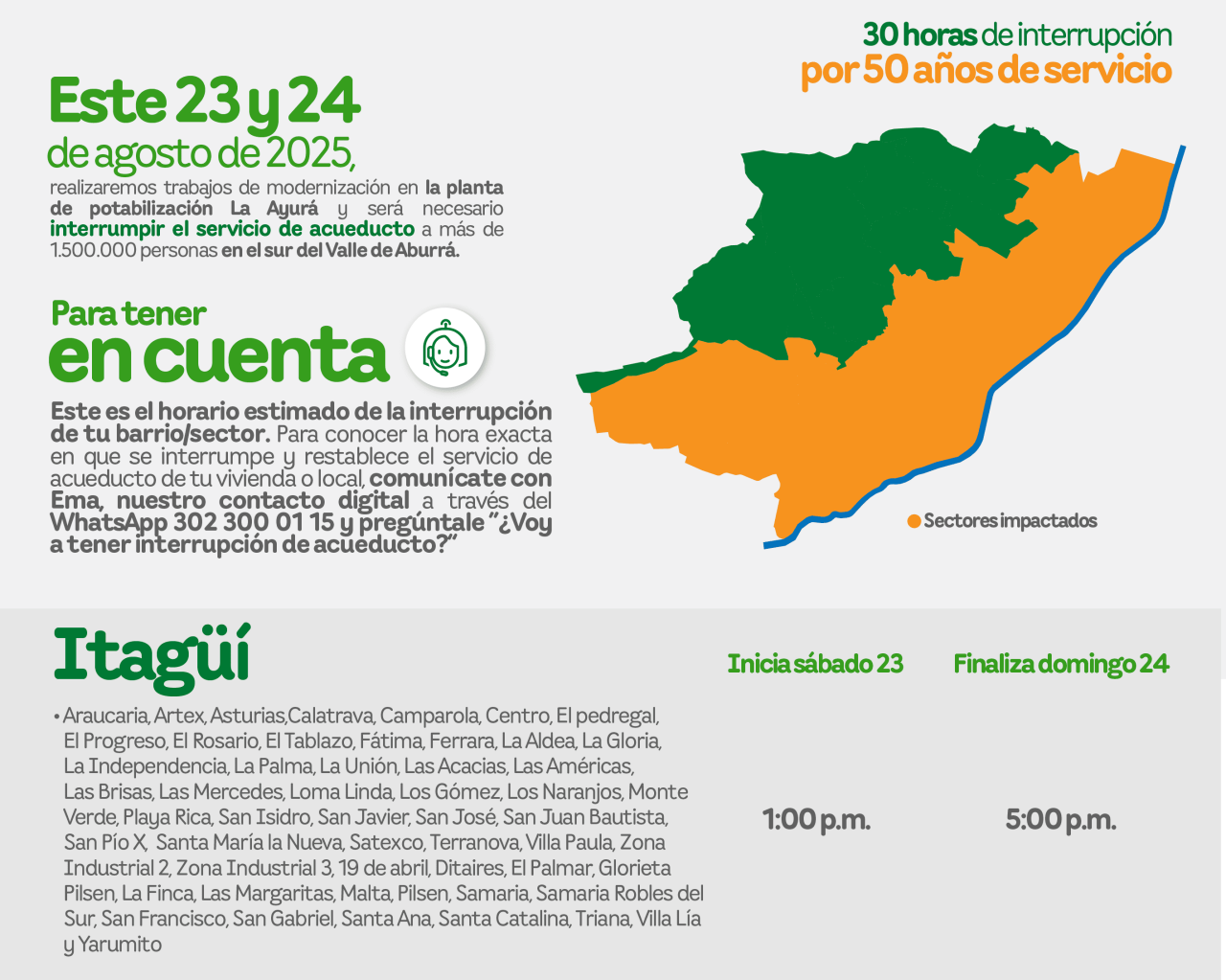 Aviso de EPM sobre la interrupción del servicio de acueducto por 30 horas para trabajos de modernización en el municipio de Itagüí.