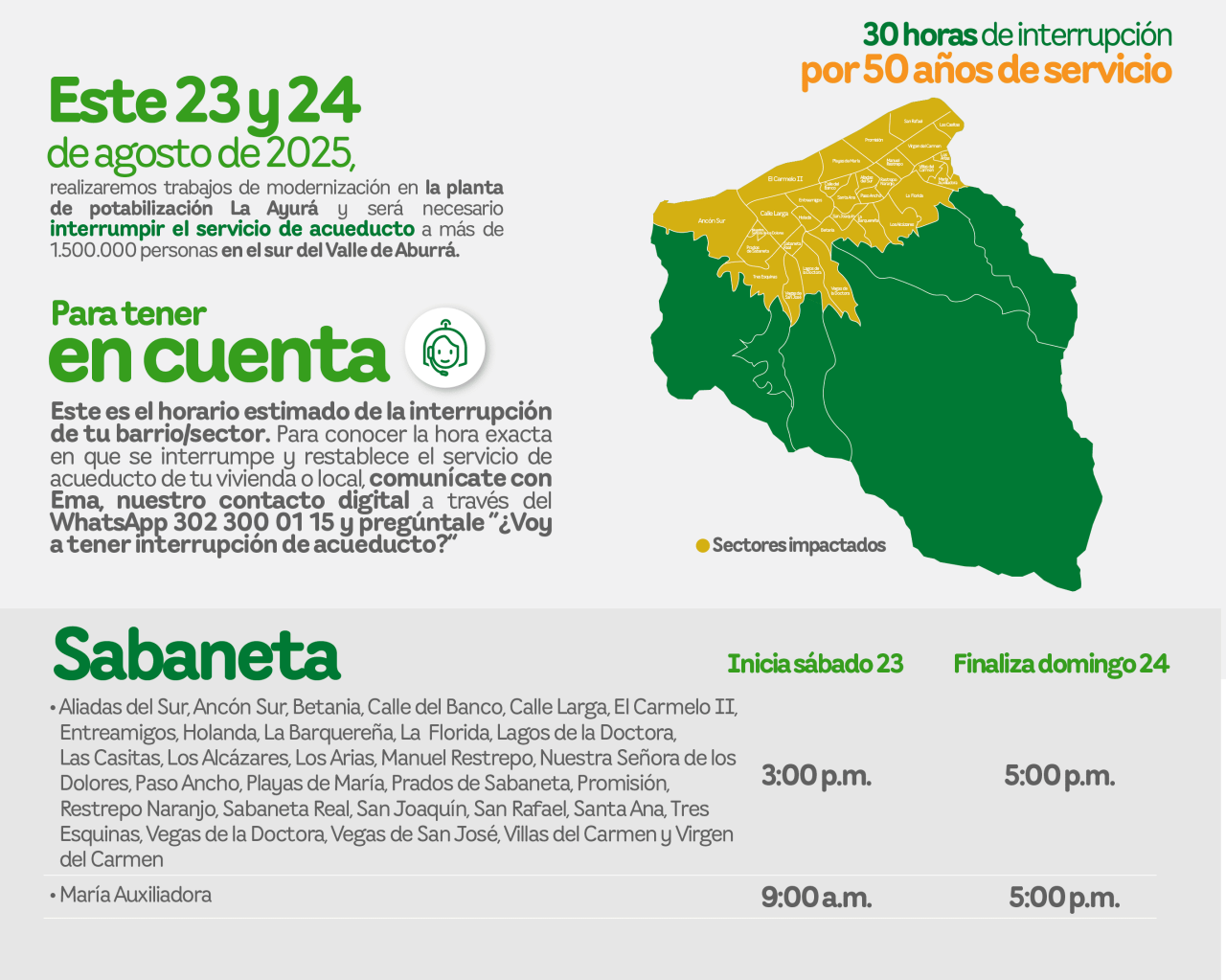 Aviso de EPM sobre la interrupción del servicio de acueducto por 30 horas para trabajos de modernización en el municipio de Sabaneta.