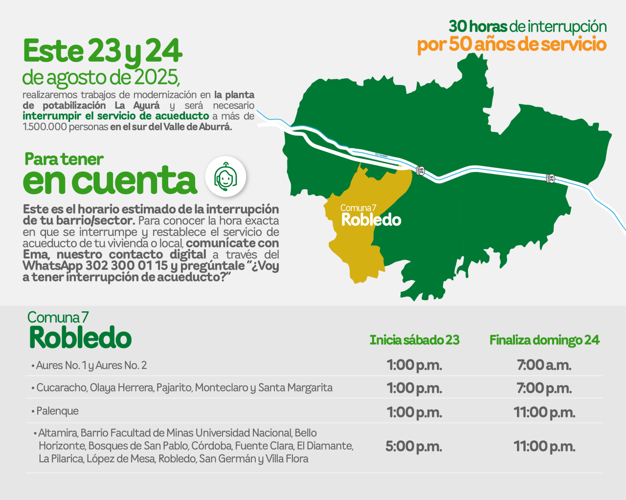  Aviso de EPM sobre la interrupción del servicio de acueducto por 30 horas para trabajos de modernización en la Comuna 7 Robledo del Valle de Aburrá.