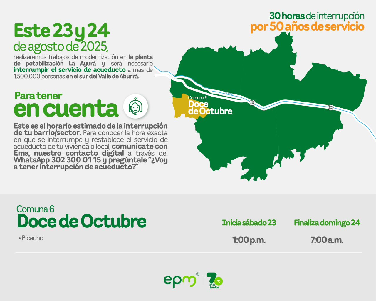  Aviso de EPM sobre la interrupción del servicio de acueducto por 30 horas para trabajos de modernización en la Comuna 6 Doce de Octubre del Valle de Aburrá.