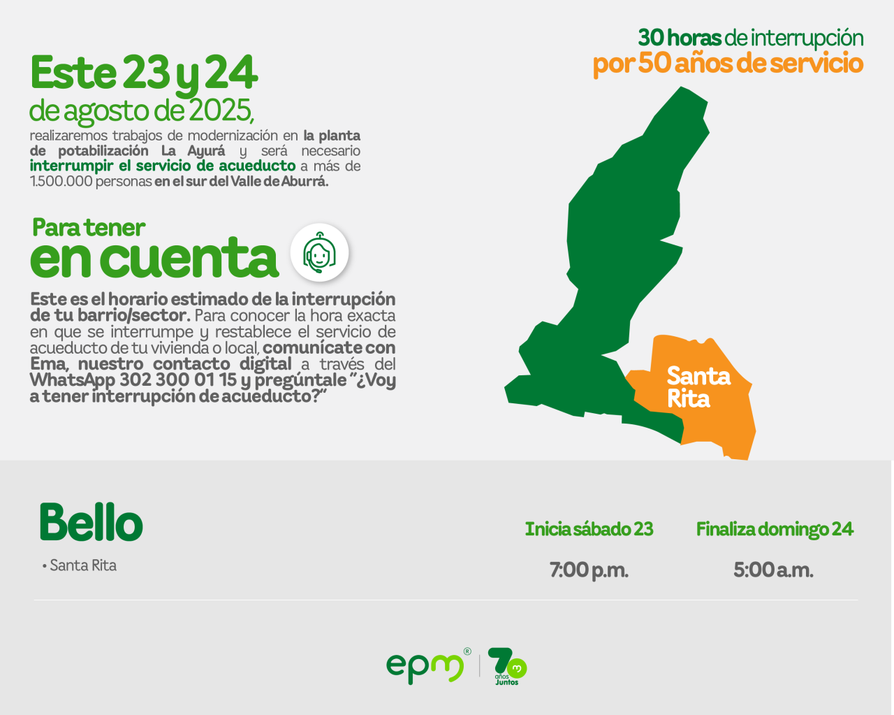 Aviso de EPM sobre la interrupción del servicio de acueducto por 30 horas para trabajos de modernización en el municipio de Bello, específicamente en el barrio Santa Rita