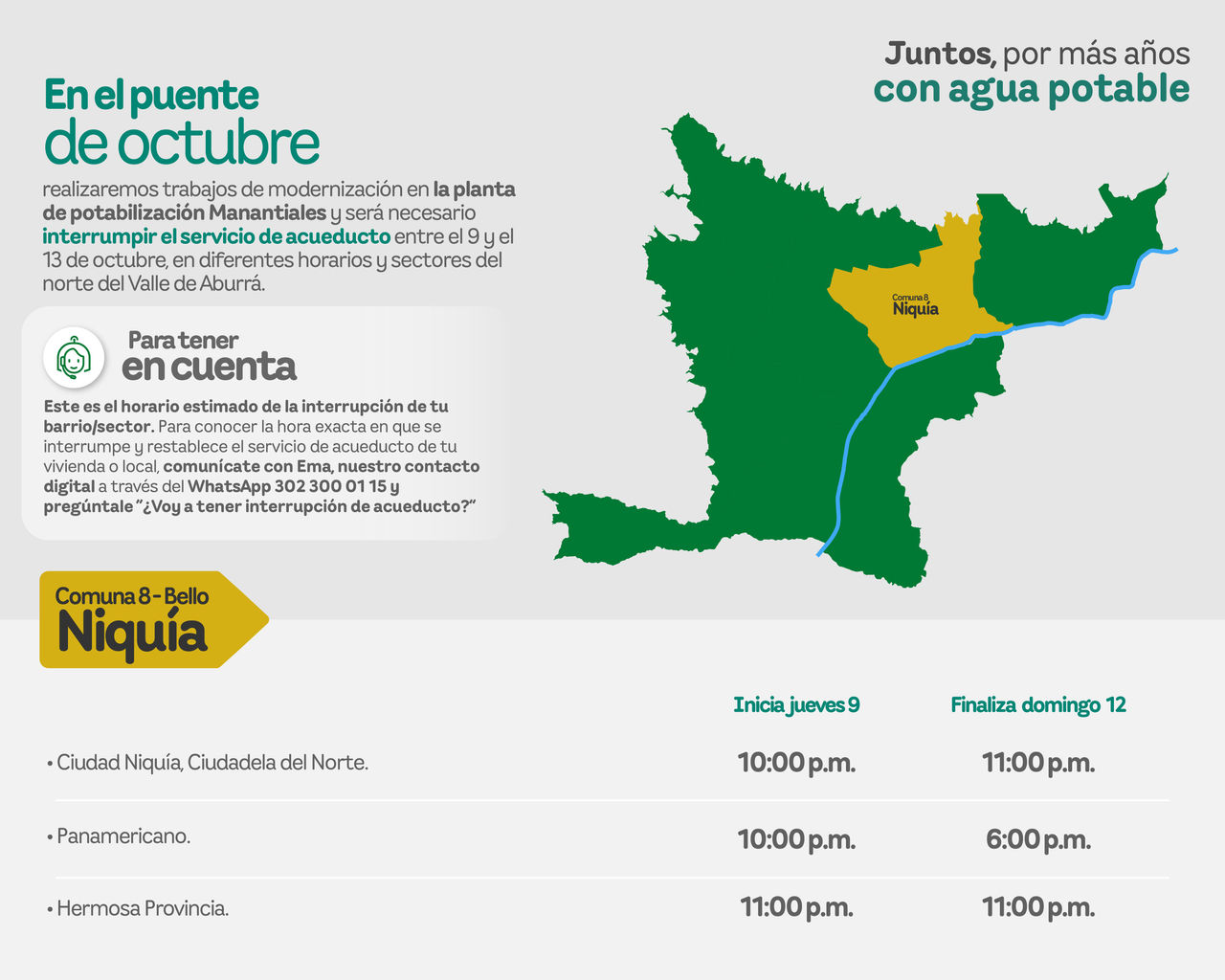 Aviso de EPM sobre la interrupción del servicio de acueducto por trabajos de modernización. Afectará al municipio de Bello - Comuna 8 - Niquía del Valle de Aburrá.