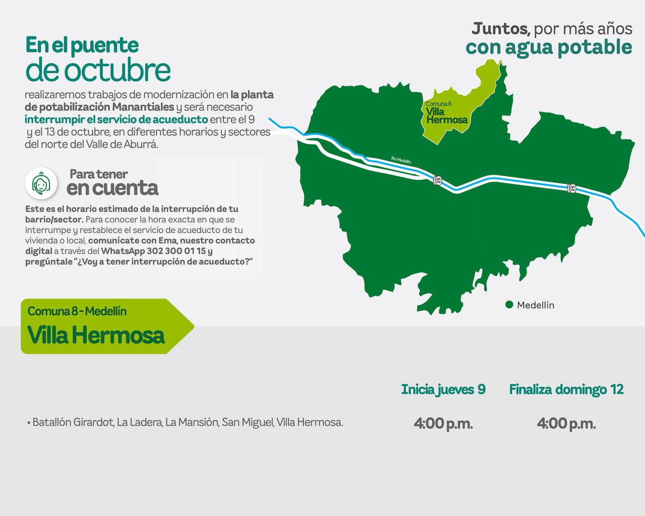 Aviso de EPM sobre la interrupción del servicio de acueducto por trabajos de modernización. Afectará al municipio de Medellín - Comuna 8 - Villa Hermosa del Valle de Aburrá.