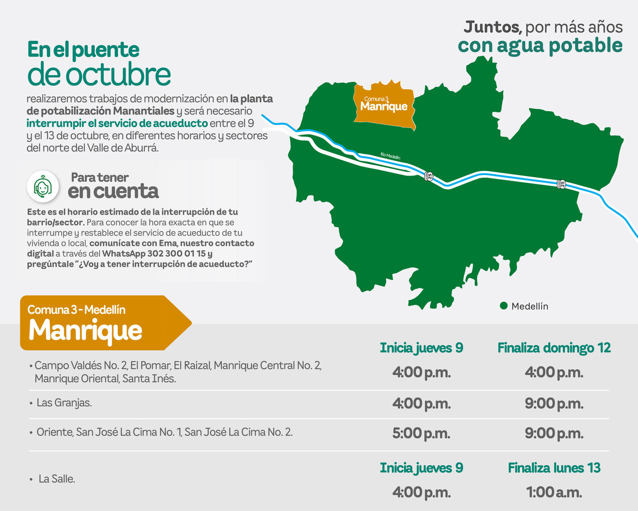 Aviso de EPM sobre la interrupción del servicio de acueducto por trabajos de modernización. Afectará al municipio de Medellín - Comuna 3 - Manrique del Valle de Aburrá.
