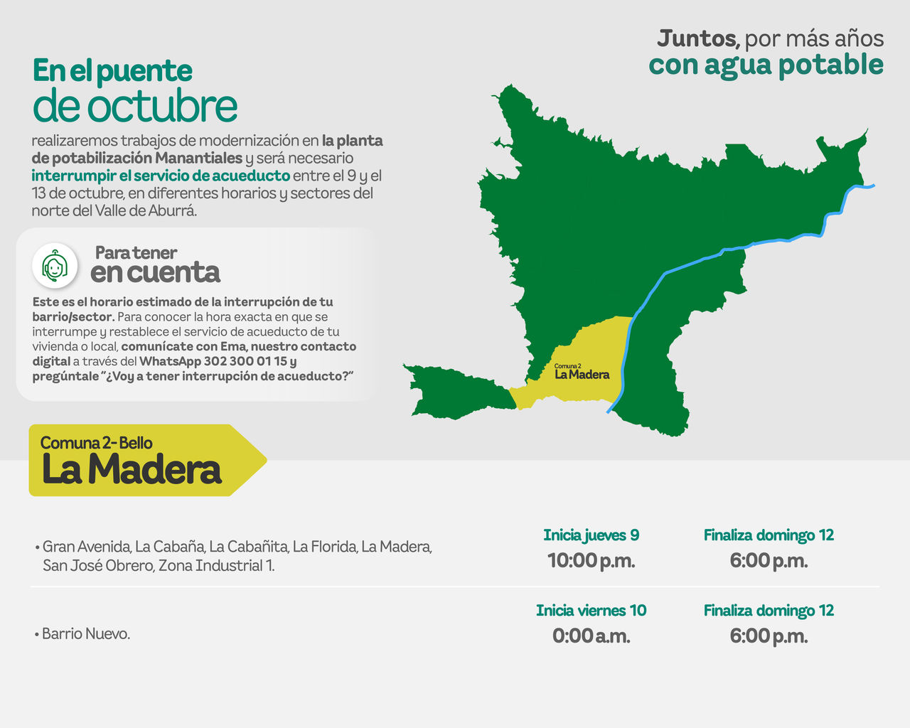 Aviso de EPM sobre la interrupción del servicio de acueducto por trabajos de modernización. Afectará al municipio de Bello - Comuna 2 - La Madera del Valle de Aburrá.