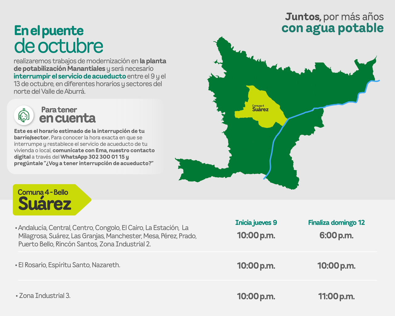 Aviso de EPM sobre la interrupción del servicio de acueducto por trabajos de modernización. Afectará al municipio de Bello - Comuna 4 - Suárez del Valle de Aburrá.