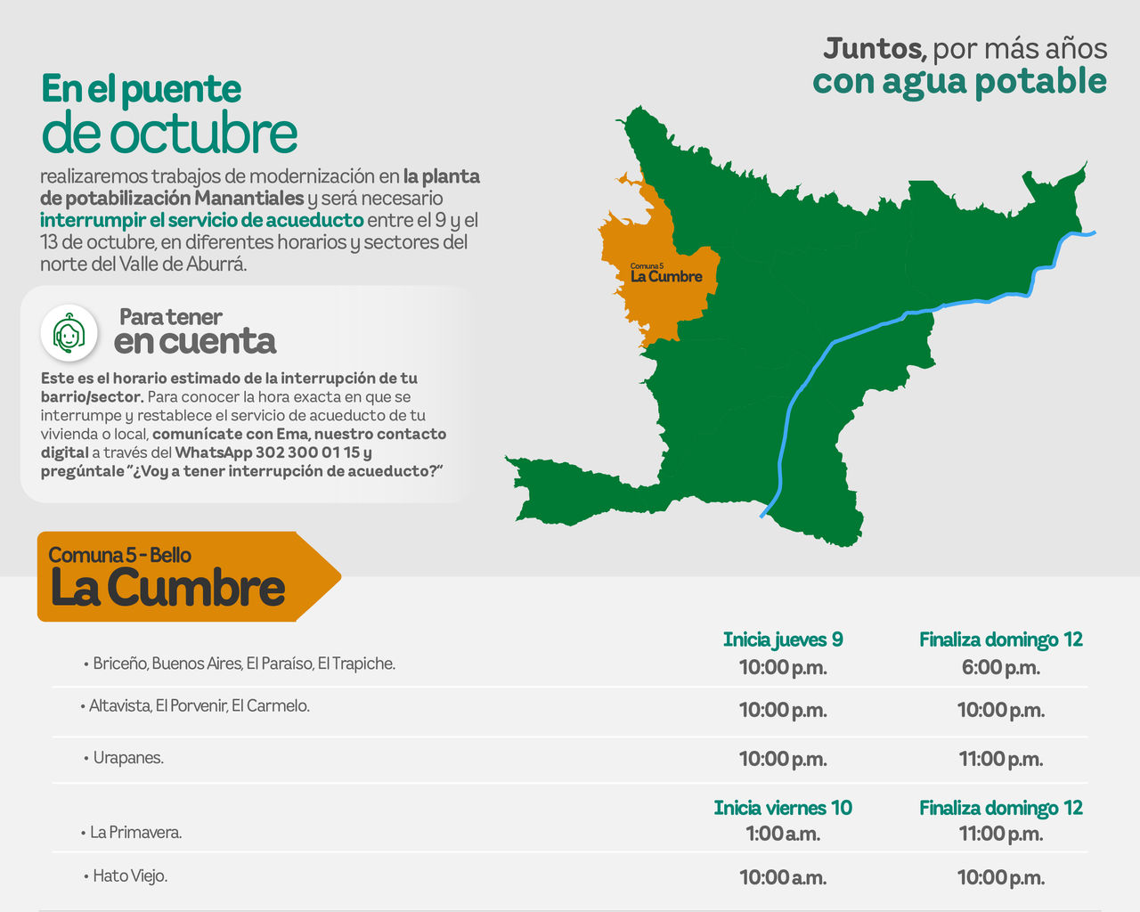 Aviso de EPM sobre la interrupción del servicio de acueducto por trabajos de modernización. Afectará al municipio de Bello - Comuna 5 - La Cumbre del Valle de Aburrá.