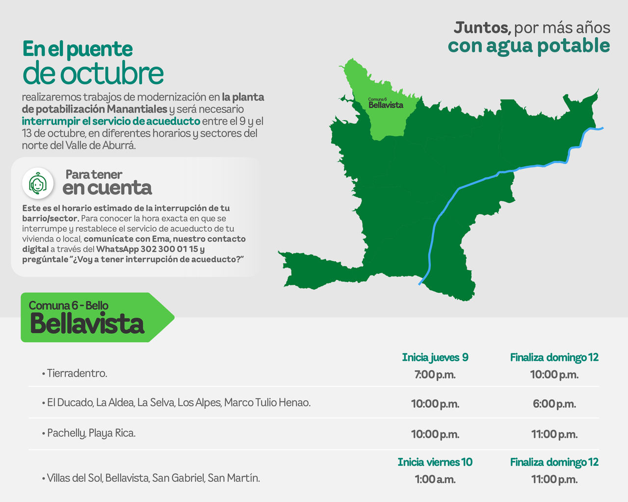 Aviso de EPM sobre la interrupción del servicio de acueducto por trabajos de modernización. Afectará al municipio de Bello - Comuna 6 - Bellavista del Valle de Aburrá.
