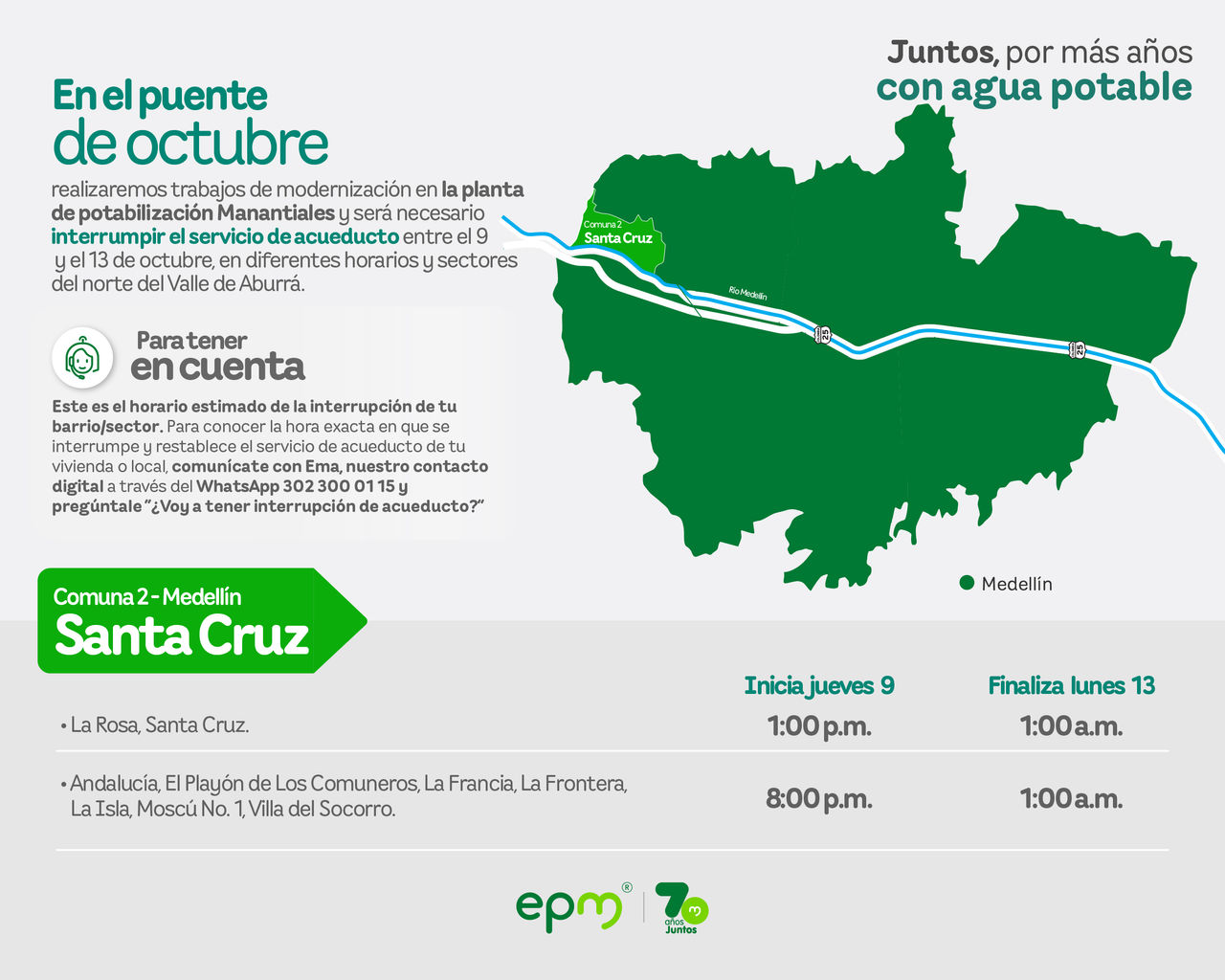 Aviso de EPM sobre la interrupción del servicio de acueducto por trabajos de modernización. Afectará al municipio de Medellín - Comuna 2 - Santa Cruz del Valle de Aburrá.