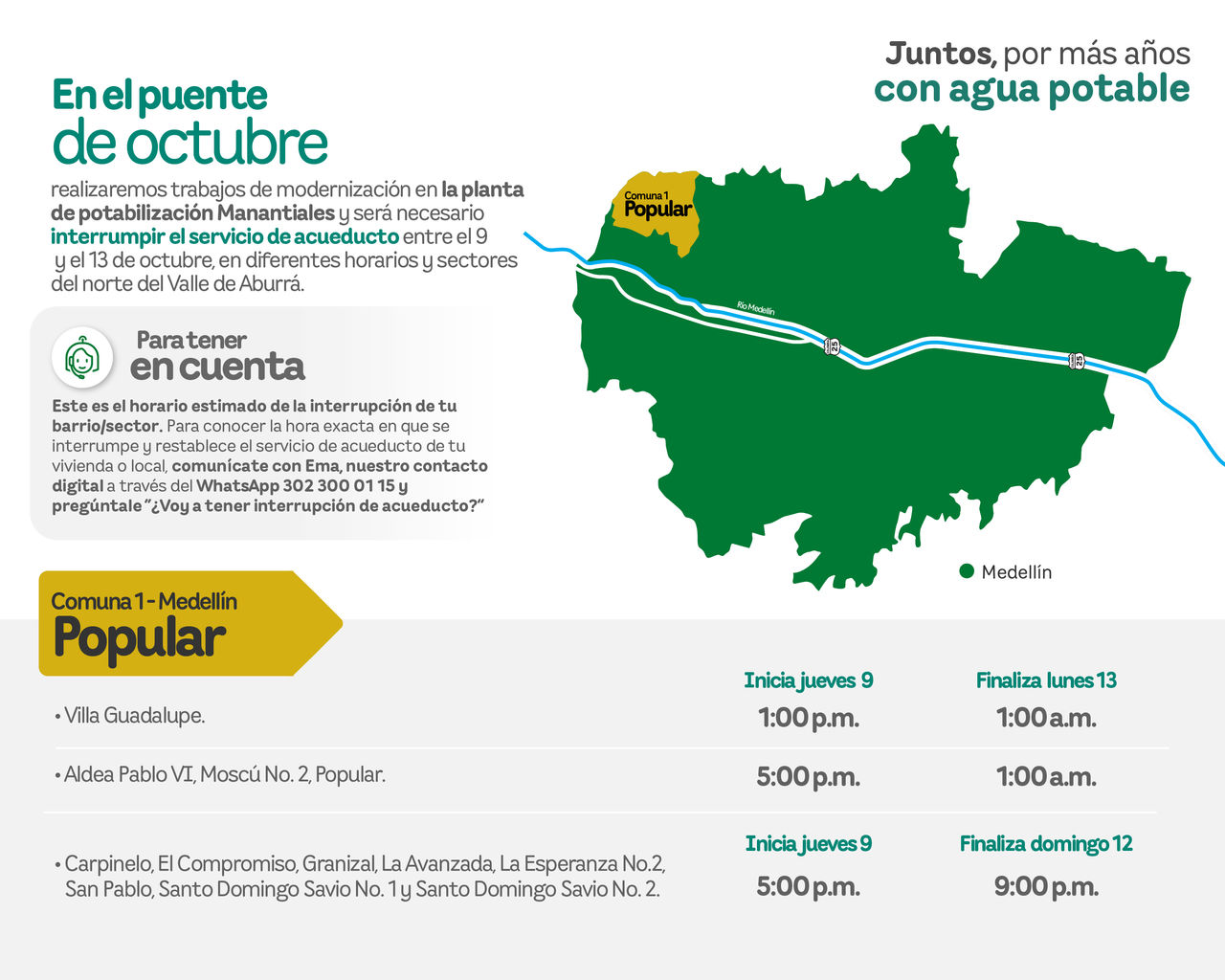 Aviso de EPM sobre la interrupción del servicio de acueducto por trabajos de modernización. Afectará al municipio de Medellín - Comuna 1 - Popular del Valle de Aburrá.