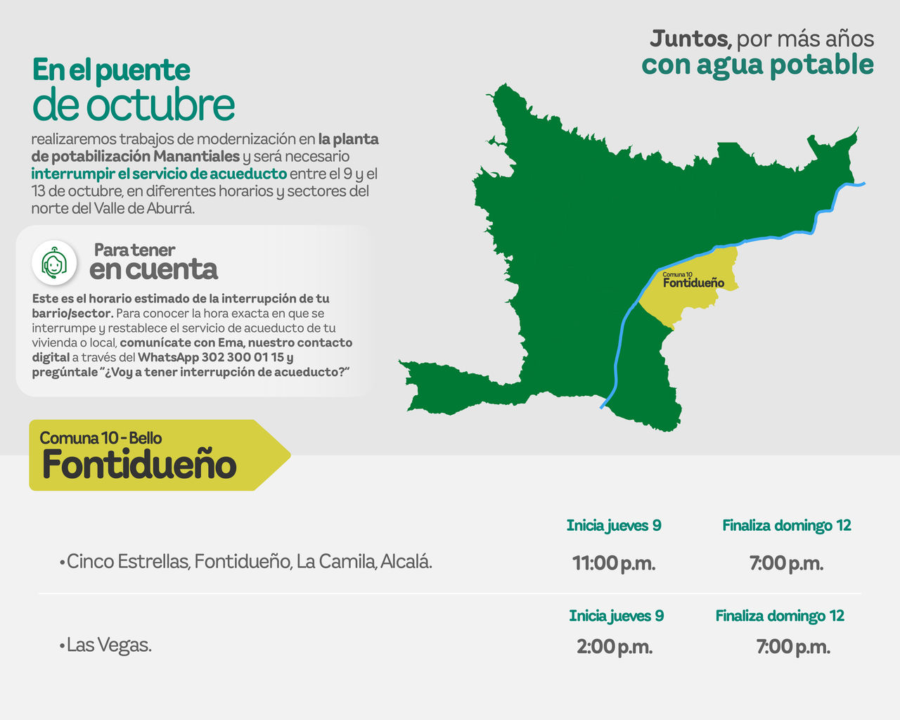 Aviso de EPM sobre la interrupción del servicio de acueducto por trabajos de modernización. Afectará al municipio de Bello - Comuna 10 - Fontidueño del Valle de Aburrá.