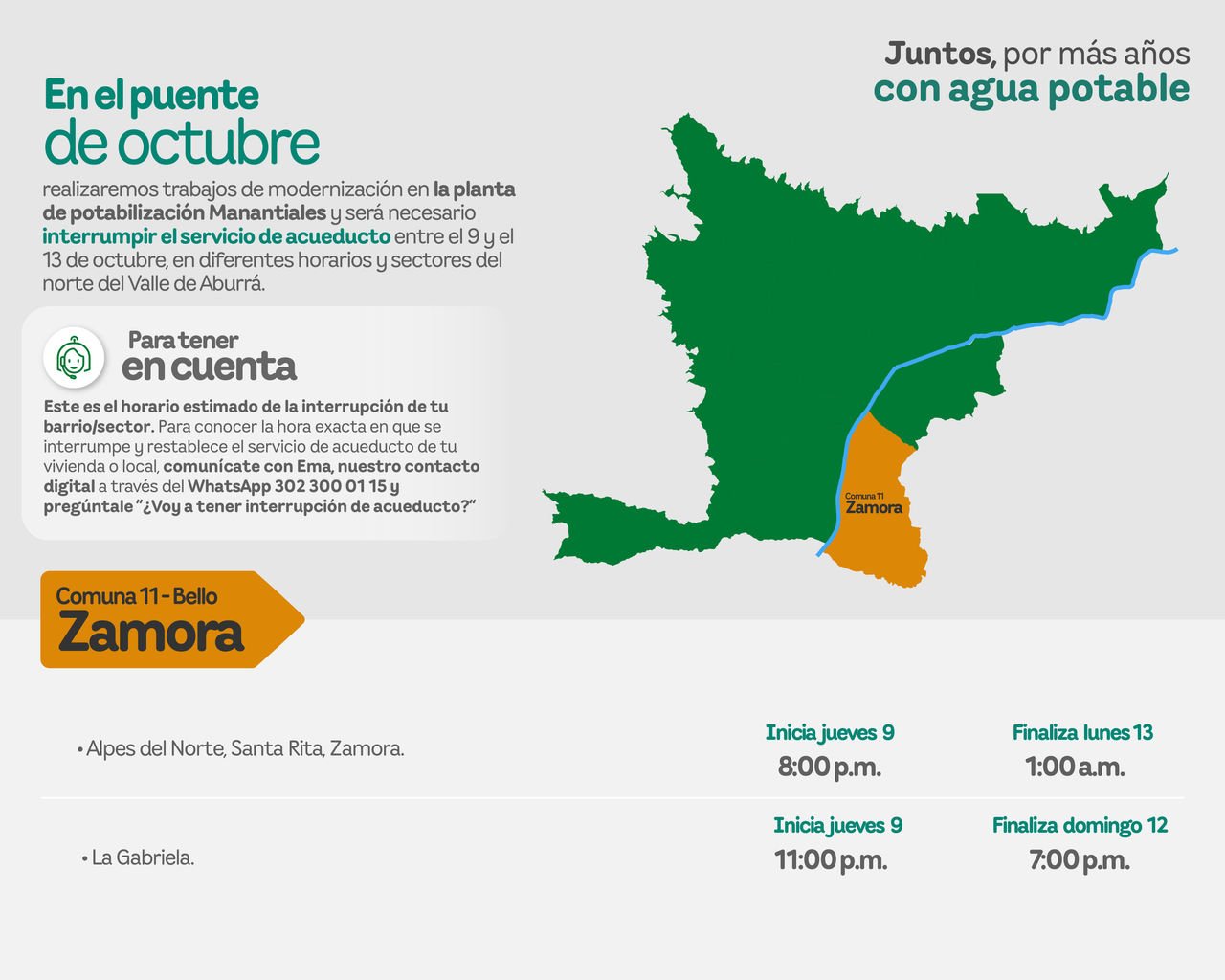 Aviso de EPM sobre la interrupción del servicio de acueducto por trabajos de modernización. Afectará al municipio de Bello - Comuna 11 - Zamora del Valle de Aburrá.