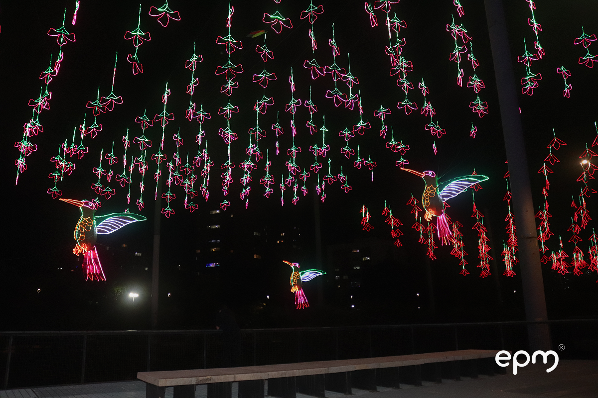Figura de pájaro en color verde y rojo de alumbrados navideños de EPM sobre el río Medellín