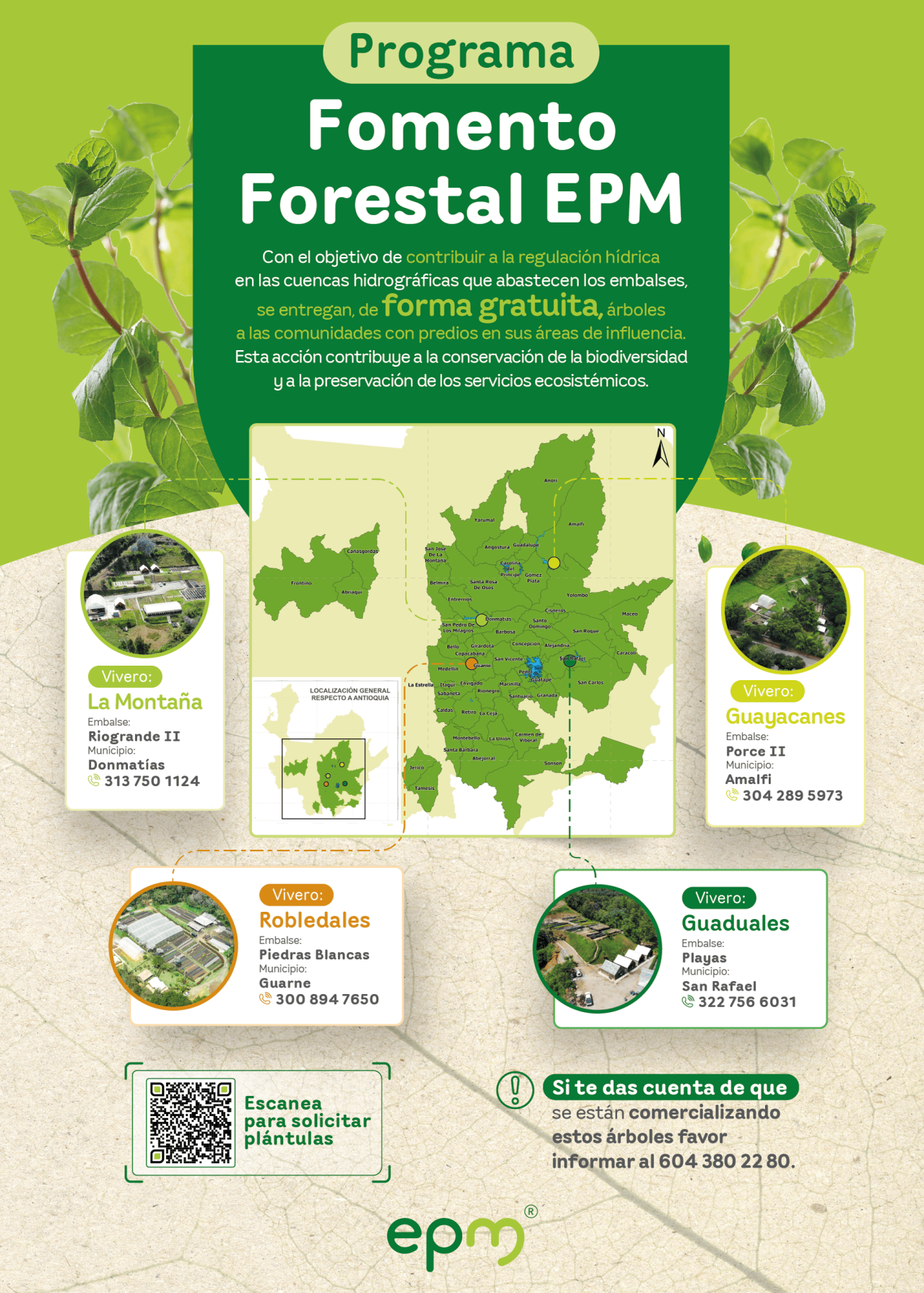 Infografía de EPM sobre entrega gratuita de árboles. Incluye mapa de Antioquia, contactos de 4 viveros, código QR de solicitud y línea de denuncia por ventas.