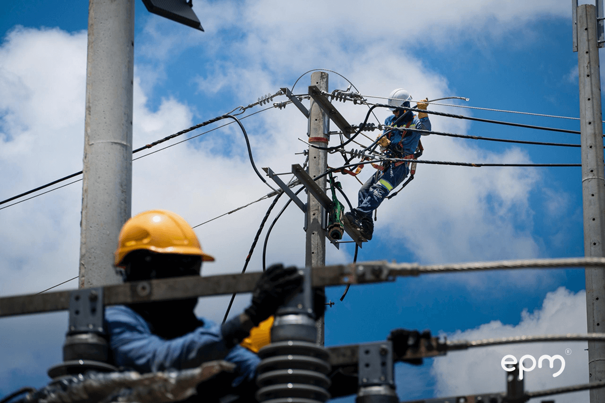 Fotografía de un técnicos de Afinia trabajan en redes eléctricas desde postes, reforzando infraestructura energética bajo cielo despejado.