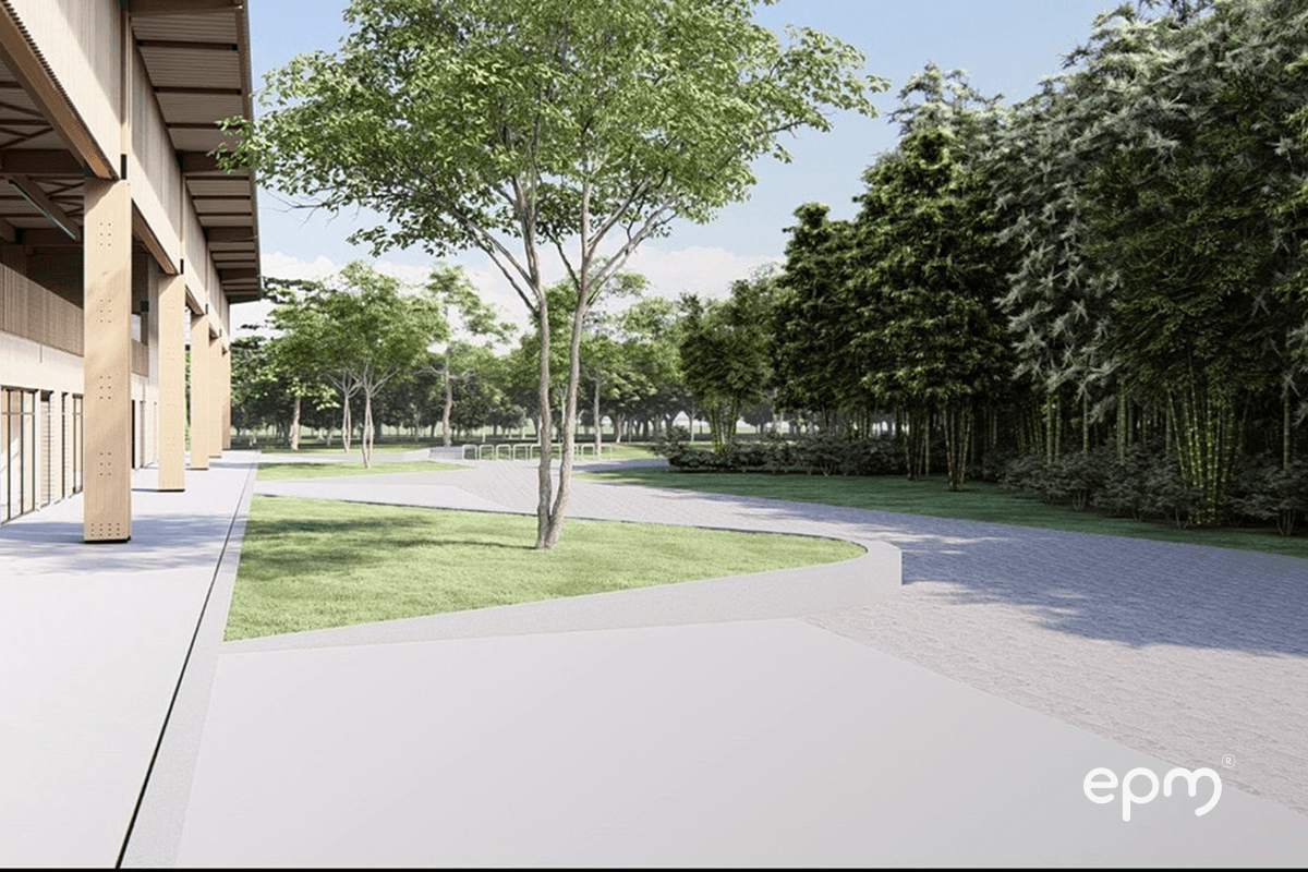 Imagen digital del sendero peatonal del nuevo parque público de EPM en Apartadó, rodeado de árboles y zonas verdes