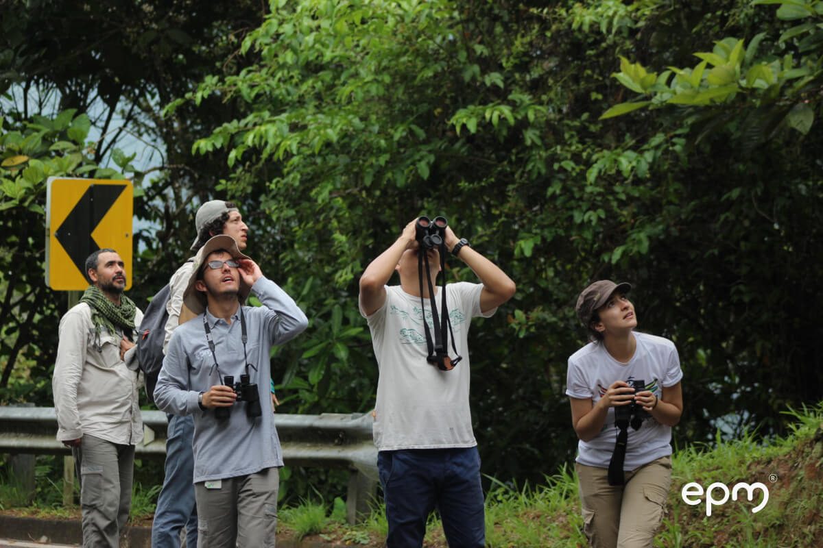 Fotografía de grupo de personas observando al cielo con binoculares en una zona boscosa