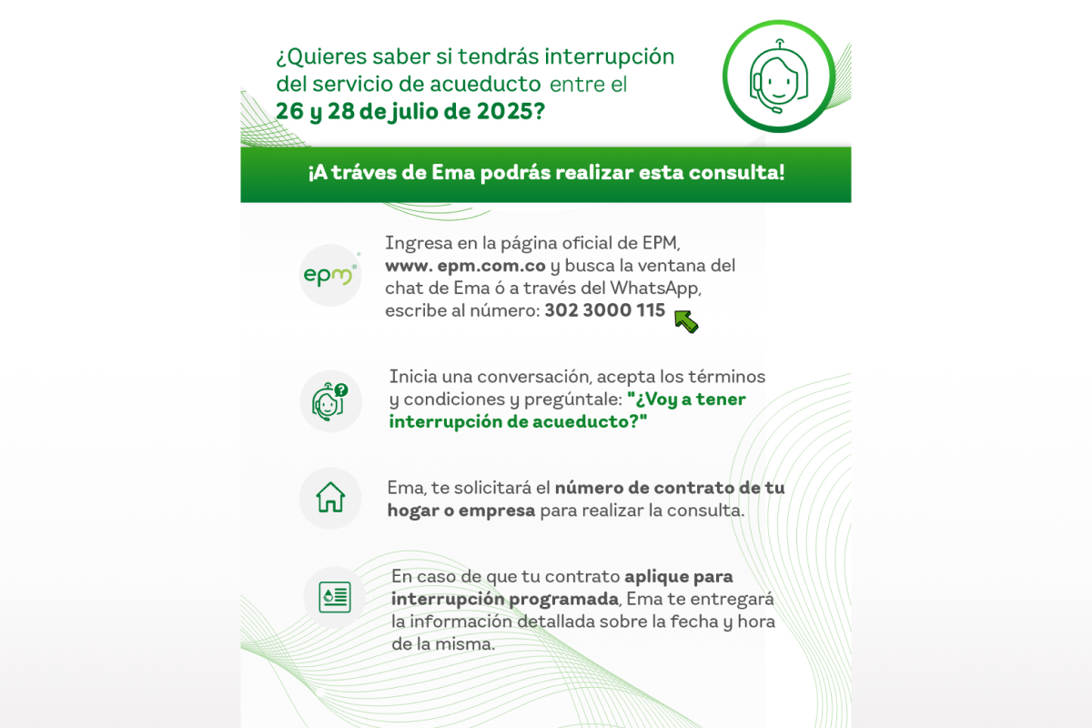 Instrucciones de EPM para consultar interrupciones del 26 al 28 de julio de 2025 vía WhatsApp, web o contrato.