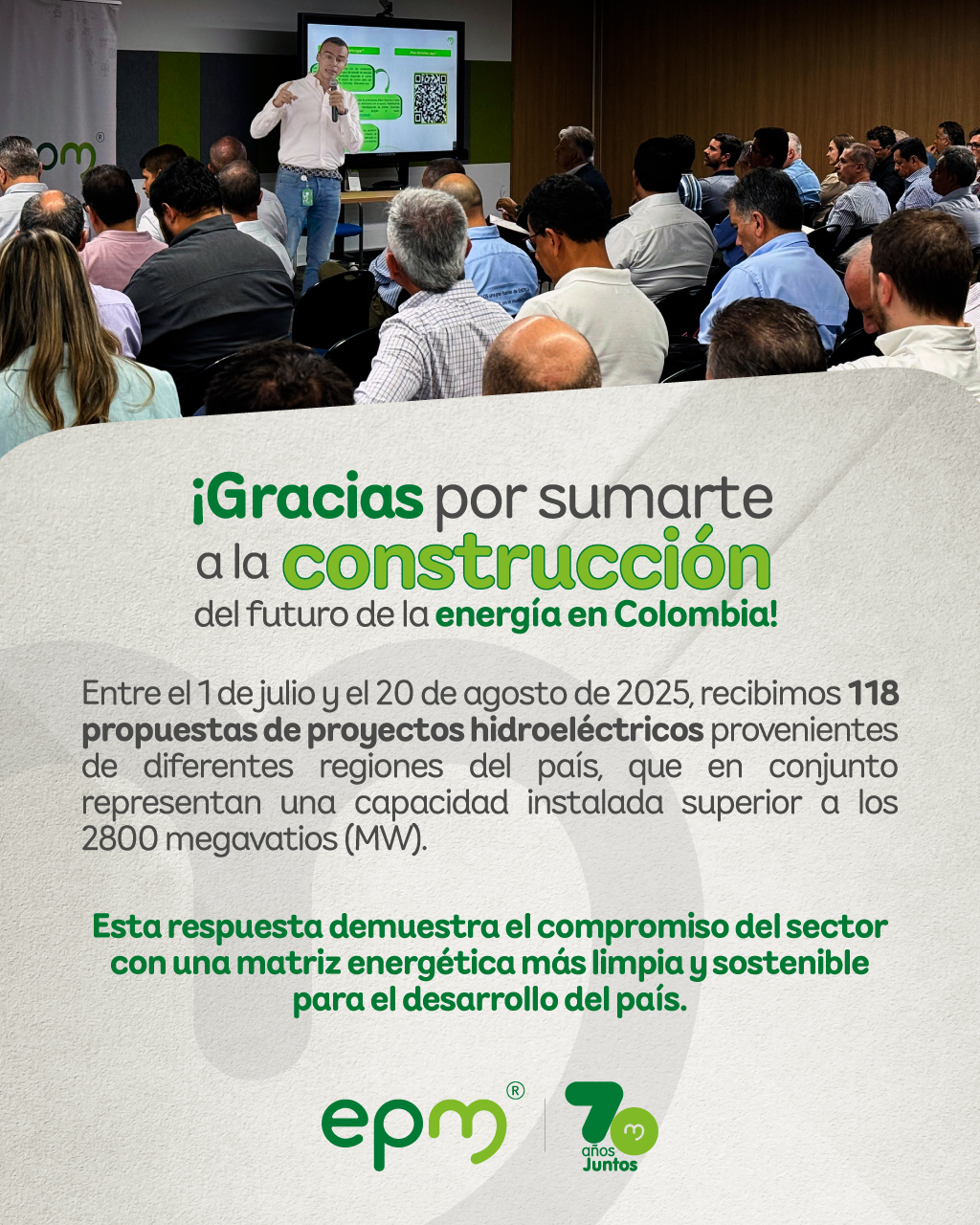 Tarjeta de agradecimiento de EPM a la convocatoria de proyectos de generación hidráulica