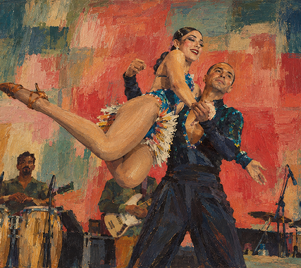 Ilustración de una pareja bailando ritmos latinos frente a una banda de música en vivo.