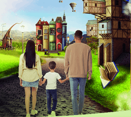 Imagen compuesta de familia ingresa a un mundo de fantasía de libros