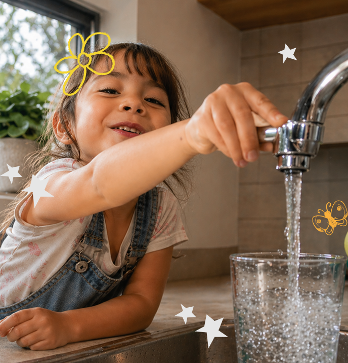 Niña sonriente abre la llave y llena un vaso con agua en la cocina, con ilustraciones lúdicas que resaltan el cuidado del recurso.