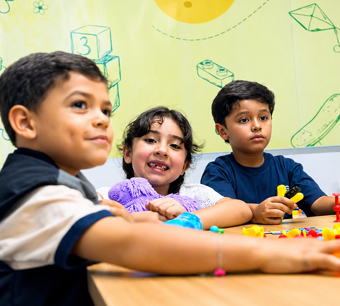 Tres niños sentados alrededor de una mesa jugando con piezas de colores, en un ambiente de aprendizaje y creatividad.