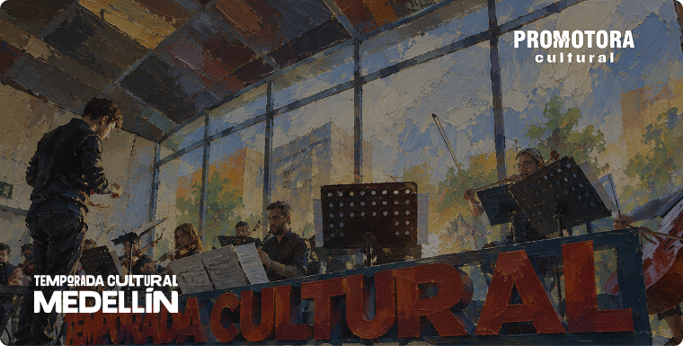 Ilustración de una orquesta sinfónica ensayando en un salón iluminado durante la Temporada Cultural Medellín.