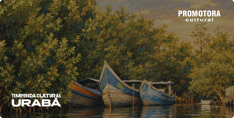 Ilustración de lanchas de madera orilladas en un manglar para la Temporada Cultural Urabá