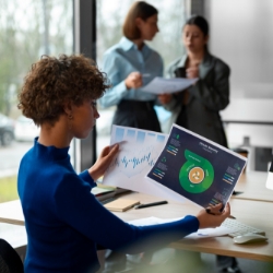 Mujer leyendo unos documentos financieros y dos mujeres de fondo hablando entre ellas con unos documentos en las manos
