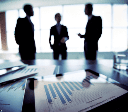 Three business professionals, seen from behind reviewing information