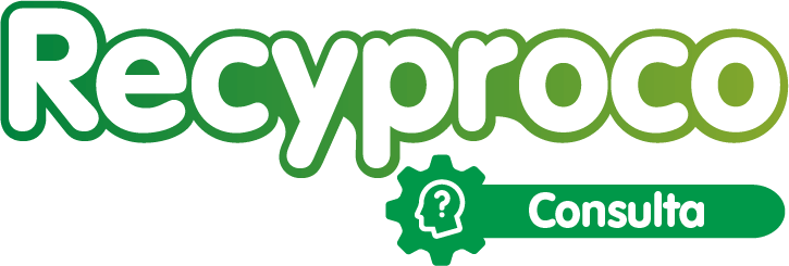 Logo "Recyproco" en verde. Debajo engranaje con una cabeza y un símbolo de interrogación y palabra "Comunica" en fondo verde