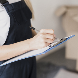 Persona con uniforme sostiene un portapapeles azul y escribe con un bolígrafo