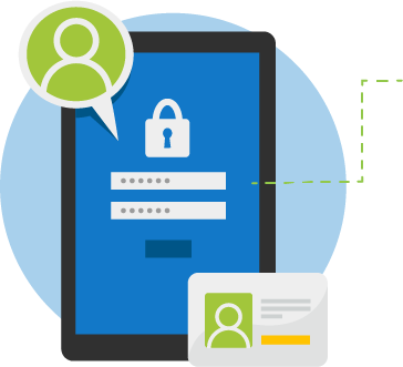 Ilustración de inicio de sesión seguro en dispositivo móvil con iconos de usuario y verificación de identidad