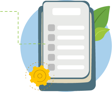 Ilustración de formulario digital con icono de tuerca y hojas que representan gestión sostenible y optimización de procesos