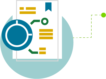 Ilustración de un documento con íconos de análisis y diagrama